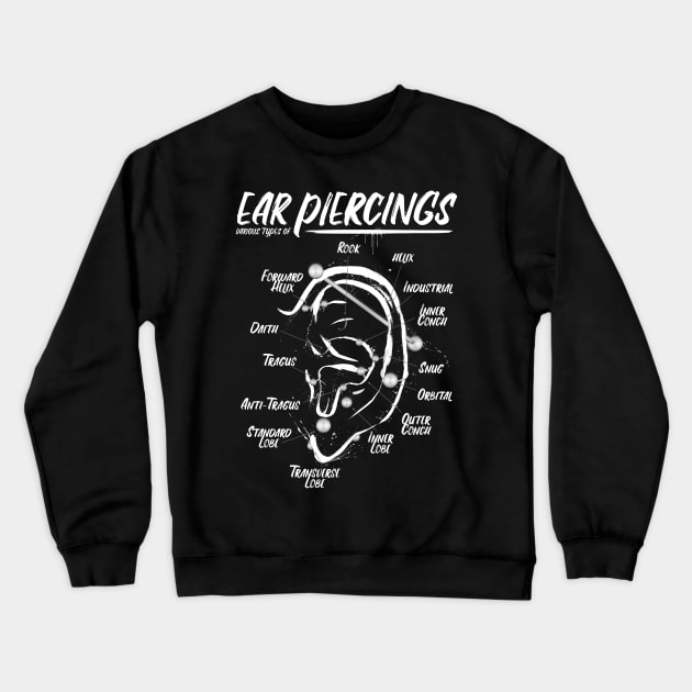 Ink Ear Piercing Chart, White Ink Crewneck Sweatshirt by Jarrodjvandenberg